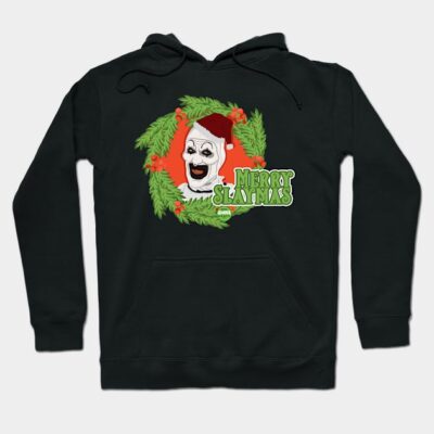 Black Christmas-themed hoodie with spooky design, featuring festive wreath and "Merry Slaymas" text, perfect for holiday wear.