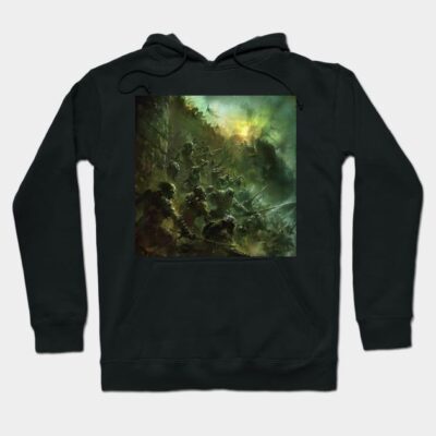 Dark green hoodie with fantasy battle artwork on front, cotton material, casual wear, unisex style.
