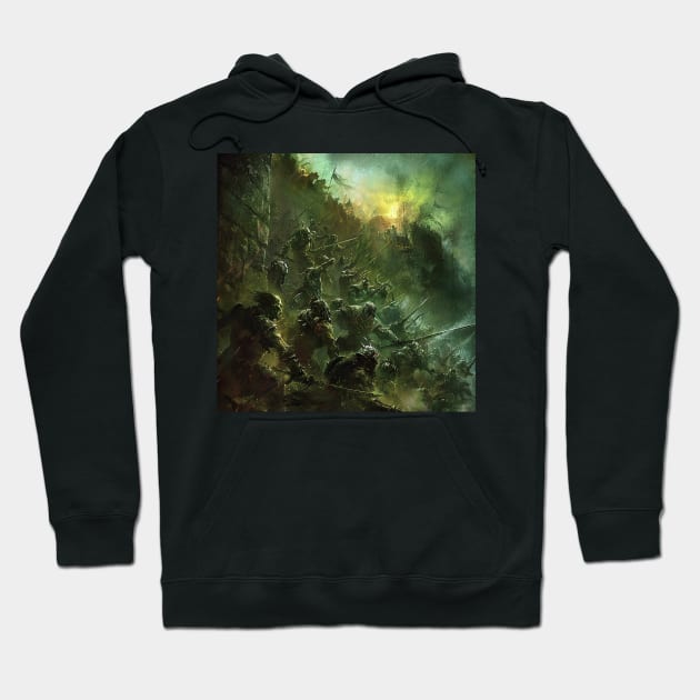 Dark green hoodie with fantasy battle artwork on front, cotton material, casual wear, unisex style.