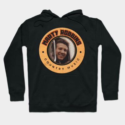 Black hoodie with vintage country music graphic design, featuring text in orange circle. Cozy cotton blend material.