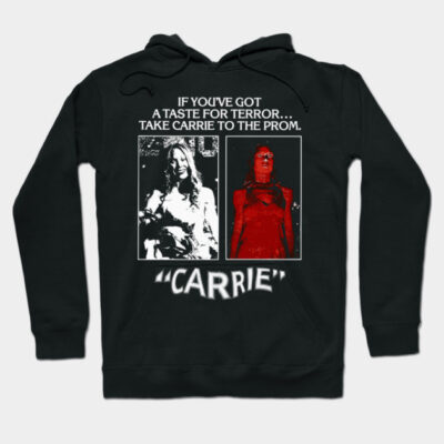Black hoodie featuring "Carrie" movie theme with vintage horror design, perfect for fans, cotton blend, casual wear.