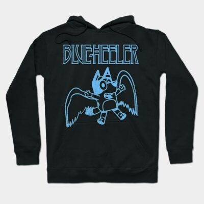 Black hoodie with blue cartoon graphic and "Blue Heeler" text, casual style, cotton material, unisex design.