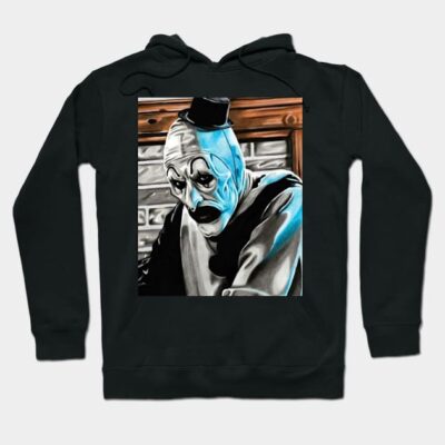 Black hoodie with a clown graphic, featuring a colorful design. Ideal for casual wear, made from soft, durable fabric.