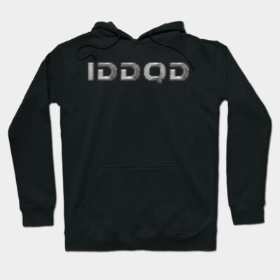 Black cotton hoodie with "IDDQD" text, casual style, perfect for everyday wear and comfort.