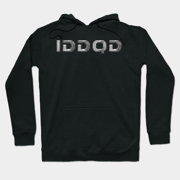 Black cotton hoodie with "IDDQD" text, casual style, perfect for everyday wear and comfort.