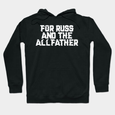 Black hoodie with "For Russ and the Allfather" text, casual style, cotton material, perfect for everyday wear.