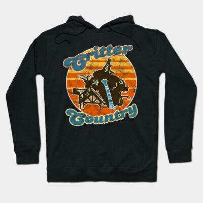 Black "Critter Country" hoodie with retro design, featuring vibrant orange and blue graphics, cotton material.