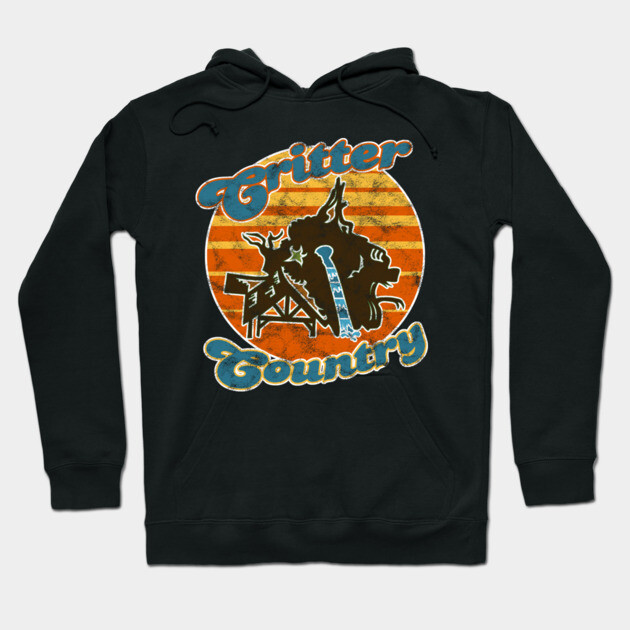 Black "Critter Country" hoodie with retro design, featuring vibrant orange and blue graphics, cotton material.