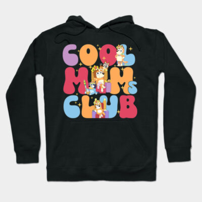 Black hoodie with colorful "Cool Moms Club" graphic design, featuring playful cartoon characters, casual style.