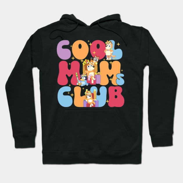 Black hoodie with colorful "Cool Moms Club" graphic design, featuring playful cartoon characters, casual style.