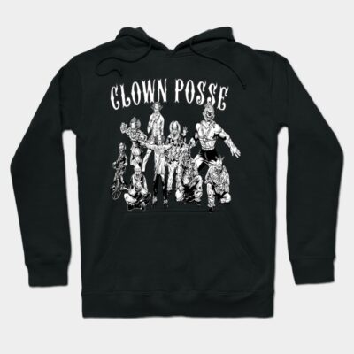 Black hoodie with "Clown Posse" graphic print, cotton material, casual wear, unisex style.