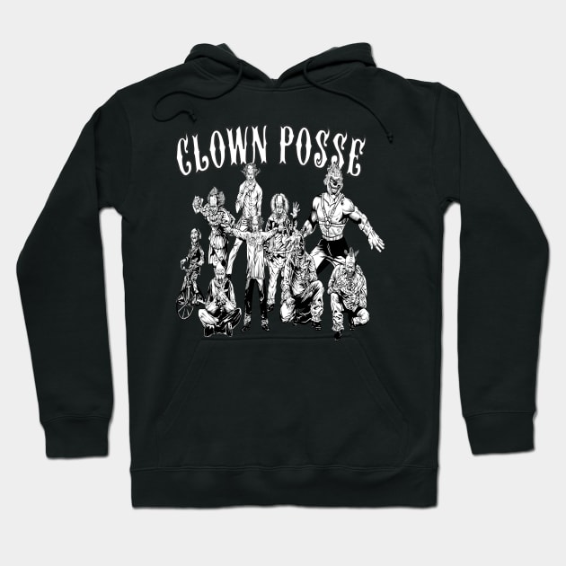 Black hoodie with "Clown Posse" graphic print, cotton material, casual wear, unisex style.