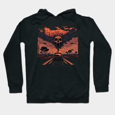 Black hoodie with graphic design of a car on a road, skull motif, and orange sky, perfect for casual wear.