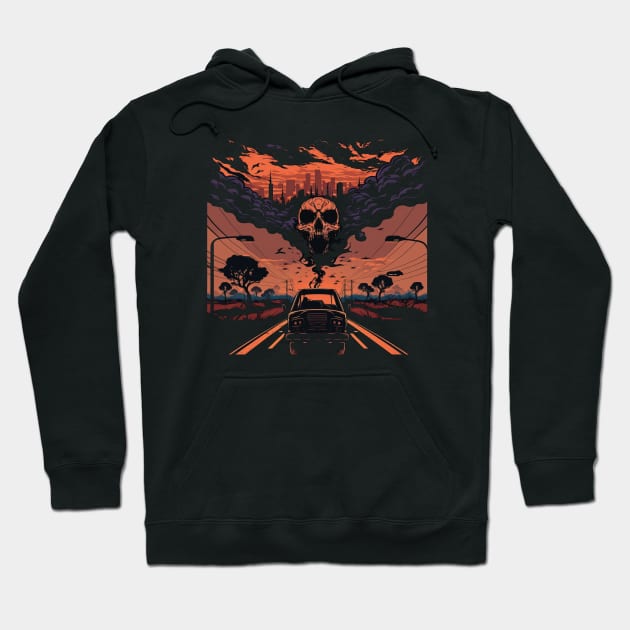 Black hoodie with graphic design of a car on a road, skull motif, and orange sky, perfect for casual wear.