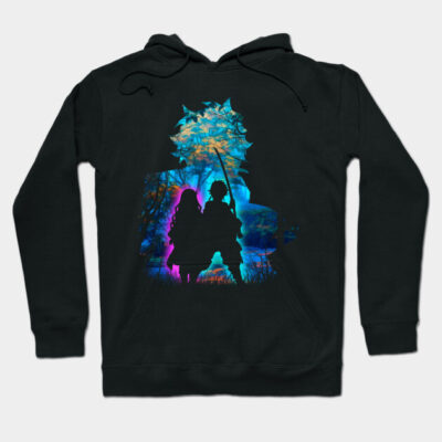 Black hoodie with colorful anime-inspired silhouette design, featuring vibrant forest and character artwork. Cotton material.