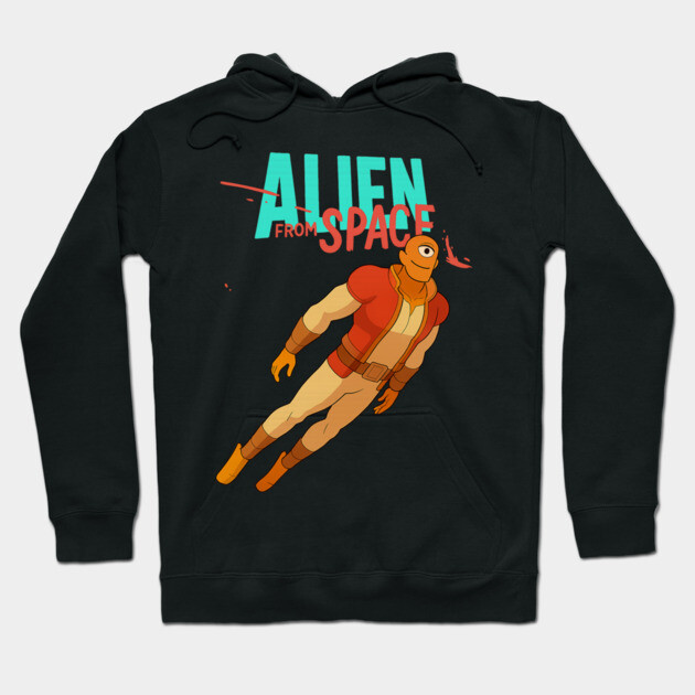 Black hoodie with colorful "Alien From Space" graphic, featuring a cartoon figure in a red and beige suit.