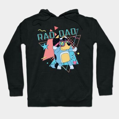 Black hoodie with "Rad Dad" graphic, featuring colorful geometric shapes and a fun cartoon design, perfect for casual wear.