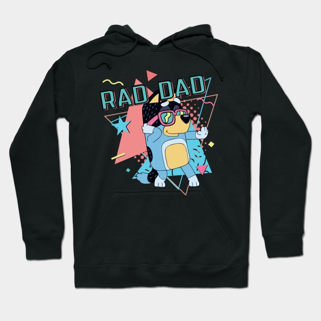 Black hoodie with "Rad Dad" graphic, featuring colorful geometric shapes and a fun cartoon design, perfect for casual wear.