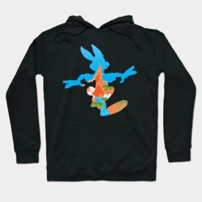 Black hoodie with colorful abstract print, featuring blue and orange design, comfortable cotton blend for casual wear.