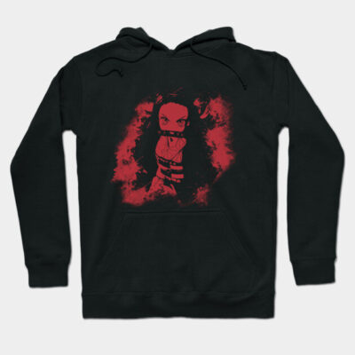 Black hoodie with red anime graphic, featuring front pocket and drawstring hood, perfect for casual wear.