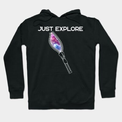Black hoodie with "Just Explore" text, galaxy design zipper graphic, casual style, perfect for outdoor adventures.