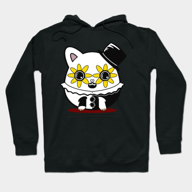 Black hoodie with cute cat graphic featuring sunflower eyes and top hat. Cozy and stylish cotton blend sweatshirt.