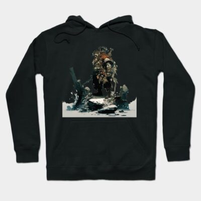 Black graphic hoodie featuring fantasy warrior artwork, cotton blend, casual style, perfect for cool weather comfort.