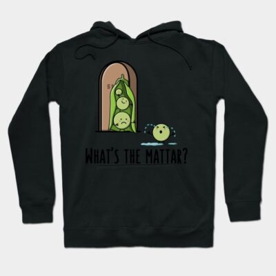Black hoodie with humorous pea pod illustration and "What's the Mattar?" text, perfect for casual wear and gifting.