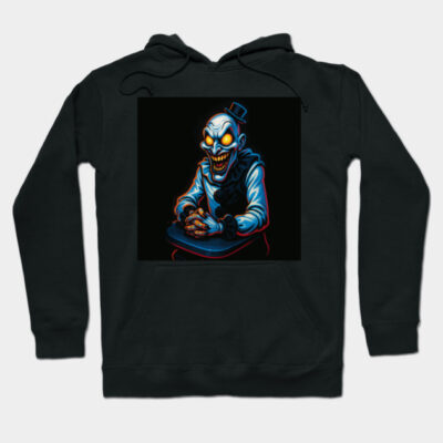 Black hoodie with creepy clown graphic, perfect for Halloween. Cotton blend, casual streetwear style.