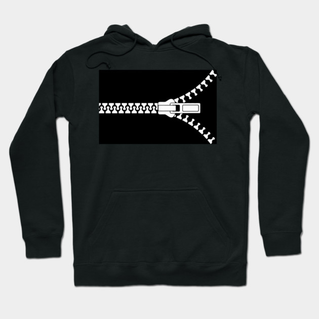 Black hoodie with white zipper graphic, casual style, cotton blend, unisex design for everyday wear.