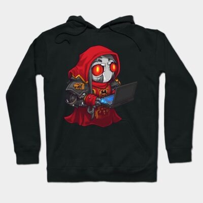 Black hoodie with red-hooded character design, holding a laptop. Ideal for casual wear, cotton blend material.