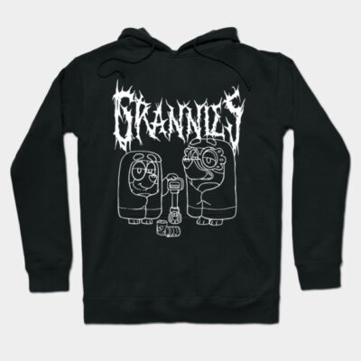 Black hooded sweatshirt with white cartoon graphic and text, casual wear, cotton blend, unisex style.