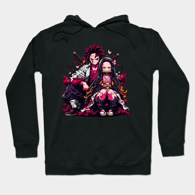 Black anime graphic hoodie featuring vibrant characters and butterfly design, perfect for casual wear and anime fans.