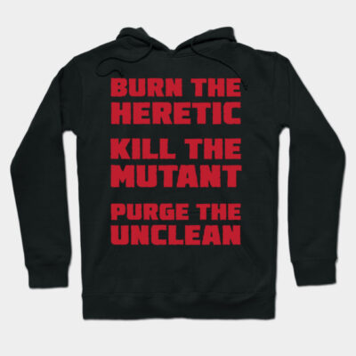 Black hoodie with bold red text design, casual style, perfect for cool weather, made from soft cotton blend material.