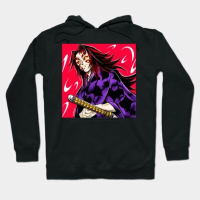 Black hoodie with vibrant anime character graphic, featuring red and purple colors, ideal for casual wear.