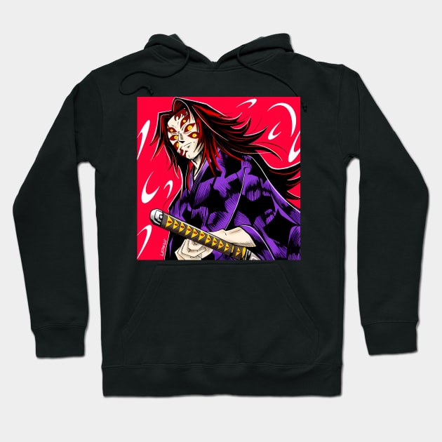 Black hoodie with vibrant anime character graphic, featuring red and purple colors, ideal for casual wear.