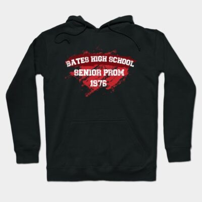 Black hoodie with "Bates High School Senior Prom 1976" graphic in red and white. Casual wear, cotton blend.