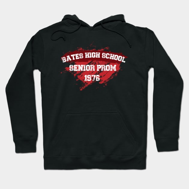 Black hoodie with "Bates High School Senior Prom 1976" graphic in red and white. Casual wear, cotton blend.