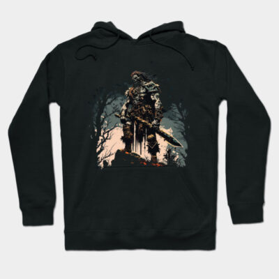 Black hoodie with warrior graphic, cotton blend, unisex casual wear, ideal for outdoor activities or lounging.