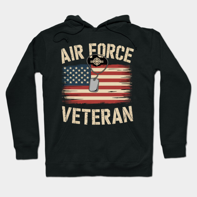 Black "Air Force Veteran" hoodie with American flag design, featuring dog tags. Perfect for casual wear and military pride.