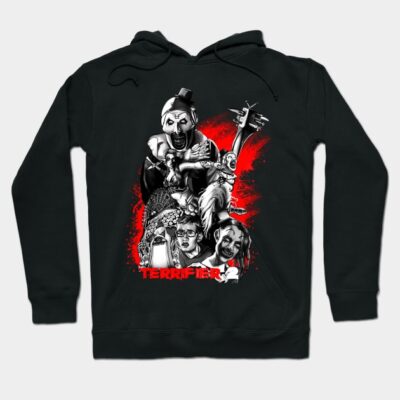 Black horror-themed hoodie with graphic design, featuring bold red accents; perfect for casual wear and spooky style.