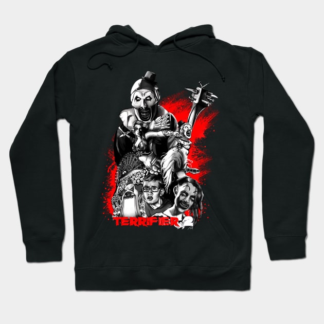 Black horror-themed hoodie with graphic design, featuring bold red accents; perfect for casual wear and spooky style.