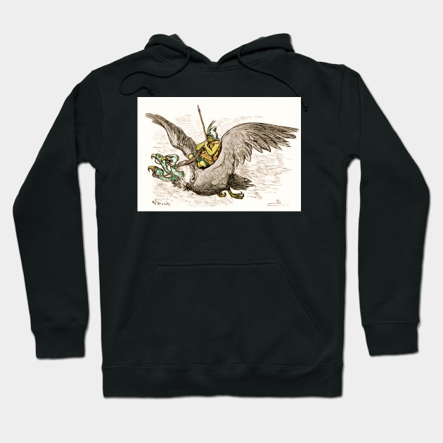 Black hoodie with vintage-style illustration of a knight on a bird. Perfect for casual wear, cotton blend material.