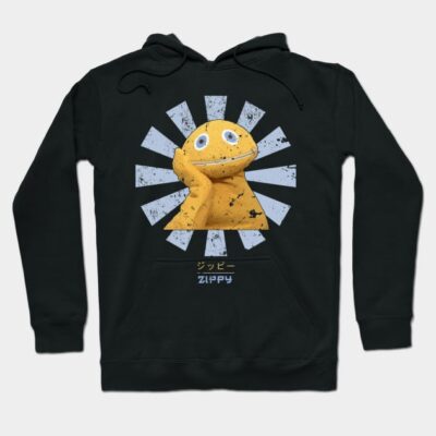 Black hoodie with a colorful cartoon character design, featuring a fun pattern, perfect for casual wear and style.