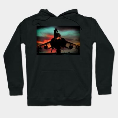 Black hoodie with colorful fighter jet print, cotton material, casual style, unisex, perfect for everyday wear.