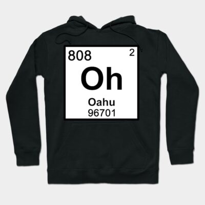 Black hoodie with periodic table design featuring "Oh" and "Oahu 96701"; casual wear; cotton blend fabric.