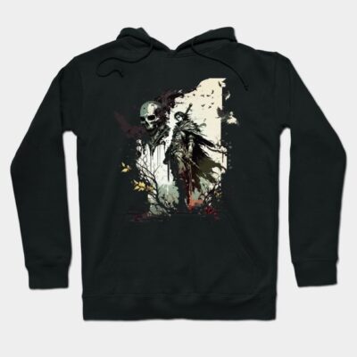 Black hoodie with gothic skull and figure design, perfect for casual wear, made from soft cotton blend.