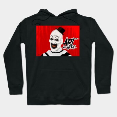 Black hoodie with eerie clown graphic and text, featuring bold red background. Ideal for casual wear or themed events.