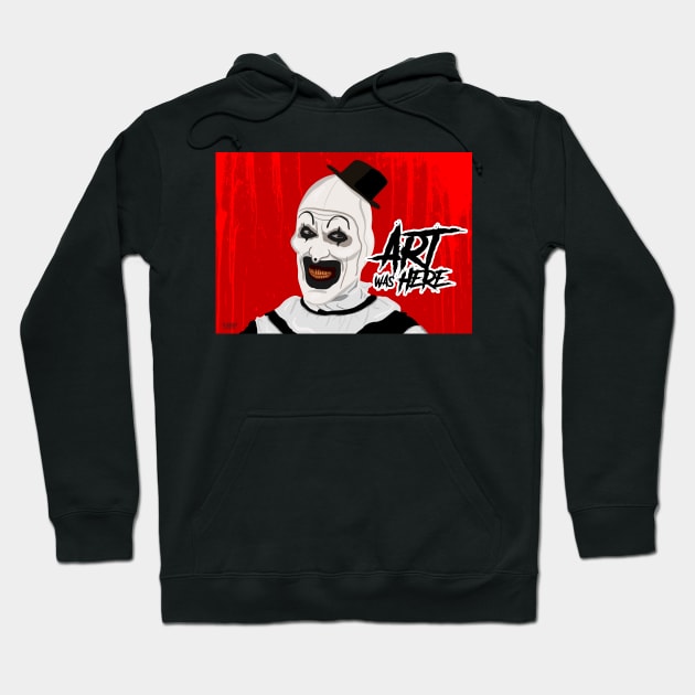 Black hoodie with eerie clown graphic and text, featuring bold red background. Ideal for casual wear or themed events.
