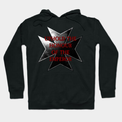 Black hoodie with red text "Uphold the Honour of the Emperor" and metallic star design, casual cotton blend sweatshirt.
